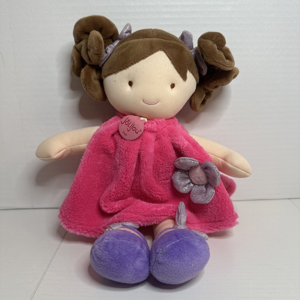 JOLIJOU Paris Pretty Lollipop 12" Plush Doll Brown Hair Pink Dress Purple Flower